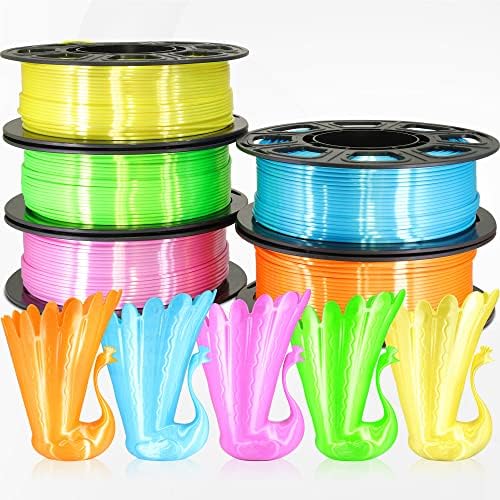 Ttyt3d 1,75mm Silk Shiny PLA 3D Filamento 5 Pacote de cores brilhantes: Amarelo de seda/verde limão/laranja/céu azul/rosa,