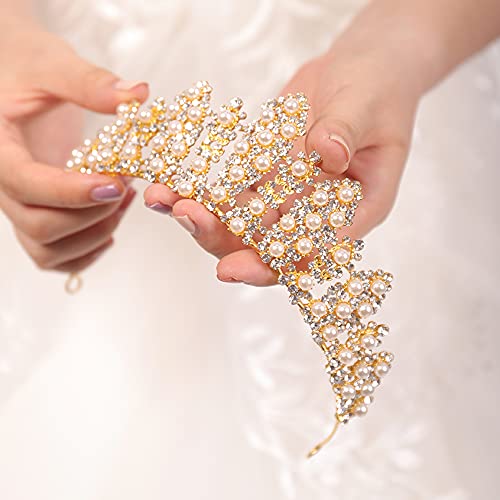 Jwicos Pearl Gold Rhinestone Princesa Tiara Crown for Women Girls Wedding Bridal Hair Acessórios para Festim de traje de Halloween