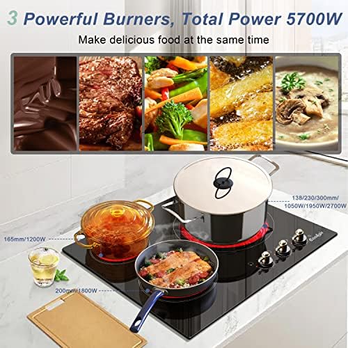 Cooksir 24 polegadas Cooktop elétrico, 3 Burner Cerâmica embutida Cooktop 220-240V, fogão elétrico de 5700W com indicador de calor residual,