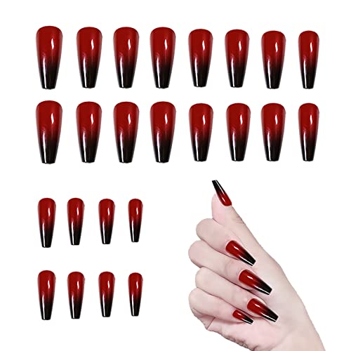 24 PCs pregos falsos brilhantes preto e vermelho pregos acrílico Ballerina pressiona unhas para mulheres e meninas