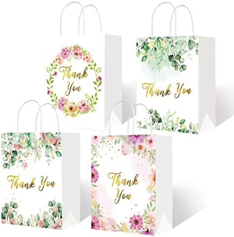 Ourwarm 24 pacote de agradecimento sacos de presente tamanho médio com folha de ouro, design floral saco de papel branco com alças