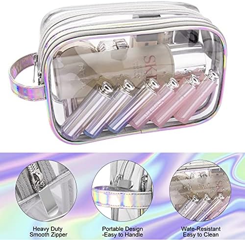 Saco de maquiagem Clear Lermende, bolsa comestic com 2 camadas com estojo de maquiagem claro com zíper, bolsa de higiene pessoal