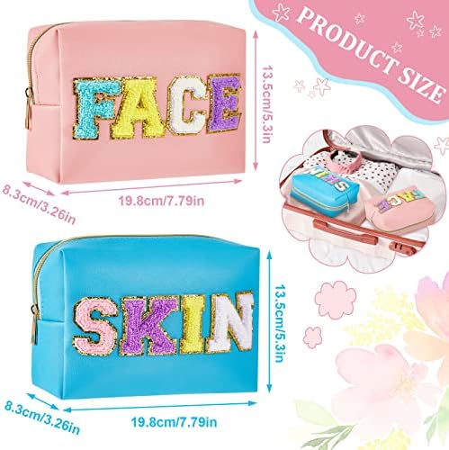 2 PCs Bolsa de maquiagem Preppy Patch letter chenille saco cosmético PU Couro Bolsa de higiene pessoal à prova d'água Bolsa de maquiagem de pele portátil Acessório do organizador do organizador para mulheres suprimentos para meninas