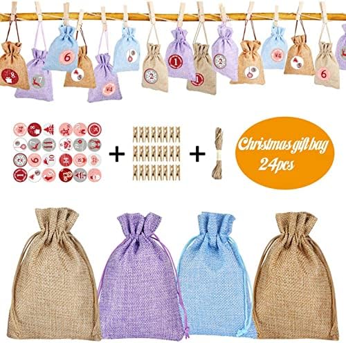 Riqingy 24 PCs Christmas Advento Calendário Pacote de algodão Decorações de bolsas de presente de algodão Sacos de