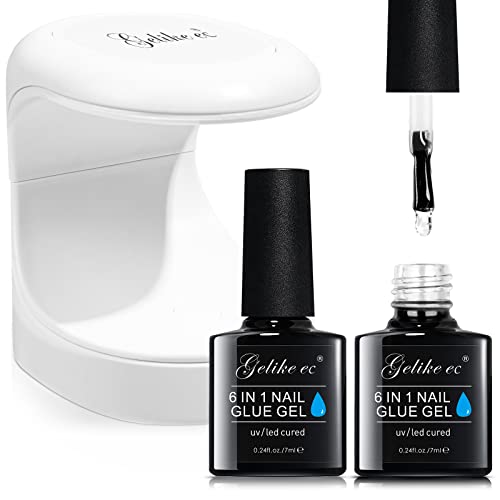 Gelike EC 2pcs 6 em 1 cola de unha Gel e mini lâmpada de unhas, cura necessária cola de extensão UV para pontas de unhas