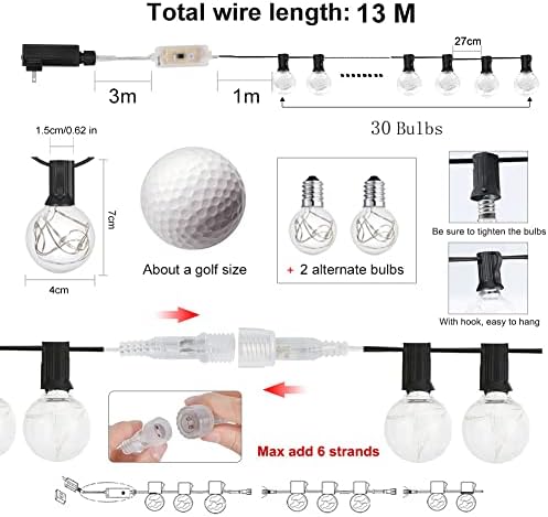 Luzes de cordas externas LEDs, luzes de pátio à prova d'água ao ar livre, alteração de cor de 30 pés G40 Bulbos, luzes