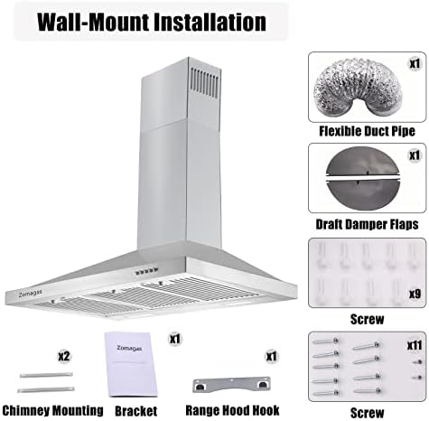 Capuz de 36 polegadas de alcance, capuz de ventilação de montagem na parede em aço inoxidável com duto conversível duto/sem