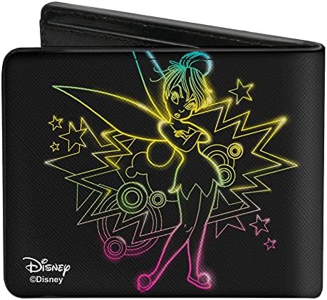 Fivela-down mass elétrica Tinker Bell Sassy Pose Black/Multi Neon Bi Fold Wallet, Multicolor, Tamanho Padrão Us