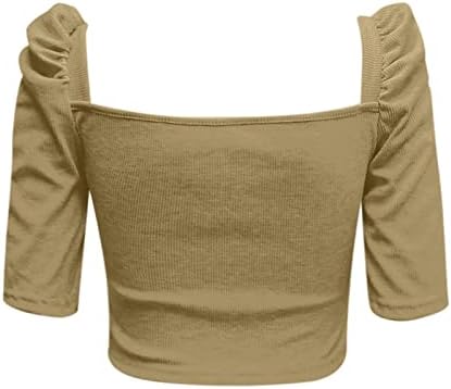Camiseta de raglan feminino verão novo simples colarinho quadrado manga bolha slim short feminino tampos de manga curta