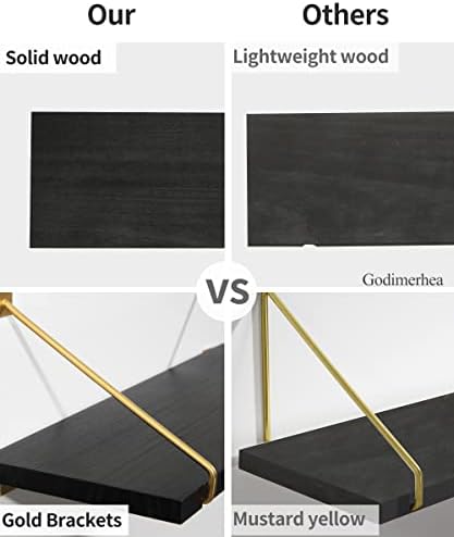 Prateleiras flutuantes pretas de Godimerhea para parede, conjunto de 2 prateleira de madeira montada na parede com suportes