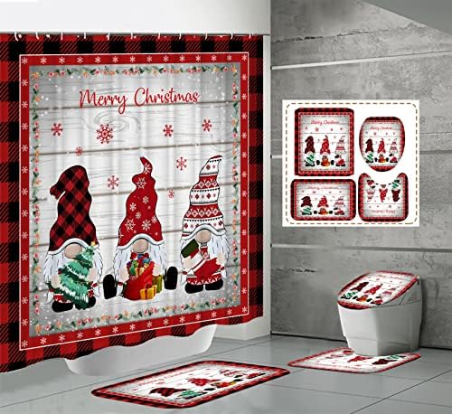 Conjuntos de banheiro de Natal Gnome com cortina de chuveiro e tapetes, cortina de chuveiro feliz de Natal com tapete