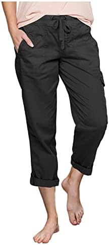 Tunuskat Womens Crop Cargo Pants Summer Tay casual Elastic de cintura alta larga perna larga capris calça de cor de cor sólida