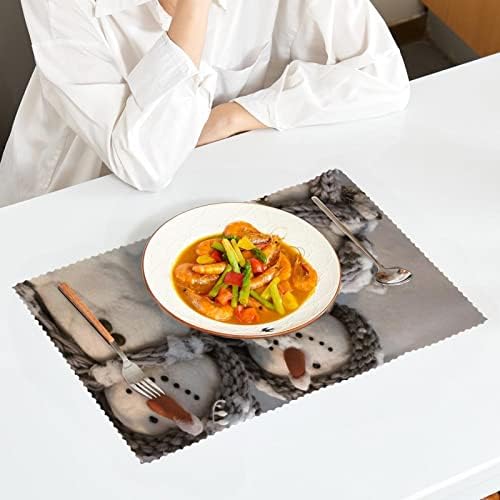 Placemats de pano, tapetes de mesa laváveis ​​para mesa de jantar conjunto de 6, inverno adorável boneco de neve