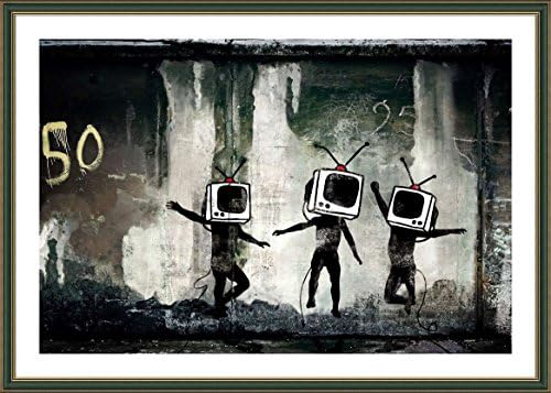 ALONLINE ART - Cabeças de TV por Banksy | Imagem verde emoldurada impressa em tela algodão, anexada à placa de espuma