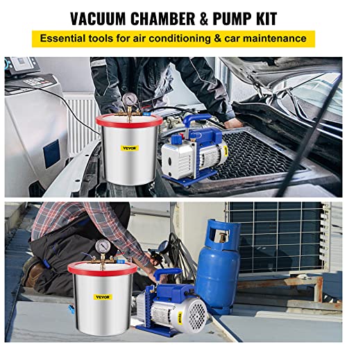 VEVOR 3 BOMBA DE ASSIMENTO CFM 1/4 HP, câmara de vácuo, com kit de câmara de desgaseificação de vácuo de aço inoxidável