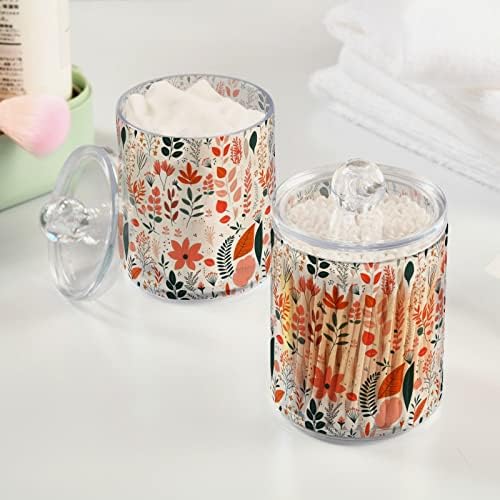 Junzan Woodland Orange Green Plants outono 2 PCs QTIPS Portador de boticário Jar Plástico com tampas de armazenamento recipiente