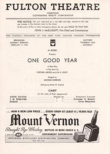 Ruth Gates One Bom Ano Ethel Intropidi/Edward Woods/Doro Merande 1936 Broadway Playbill