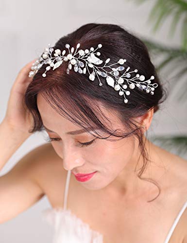 Denifery Silver Bride Hair Hair Vine Crystal e Pearl Hair Piece Capacete de noiva Acessórios de cabelo de folha para mulheres