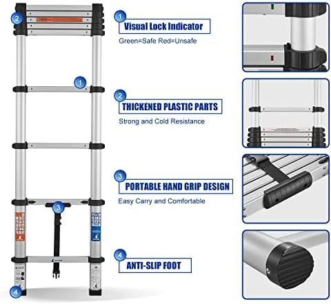 Escada telescópica de VauxTech Alumínio de 15 pés: extensão telescópica escada de um botão de retração dobrável