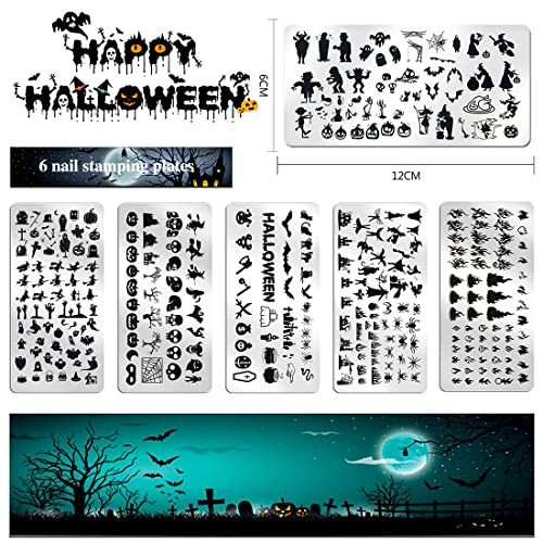 Xeaohesy 6pcs Halloween unhas Placas de estampagem para unhas Placa de estampagem de unhas Halloween Skull Skull Skull