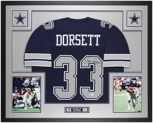 Tony Dorsett Autografou Blue Dallas Jersey - lindamente emaranhado e emoldurado - assinado à mão por Dorsett e autêntico
