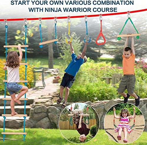 Yyxt Ninja Warrior Curra de obstáculos para crianças - Ninja Slackline 50 'com 10 acessórios para crianças, inclui swing,