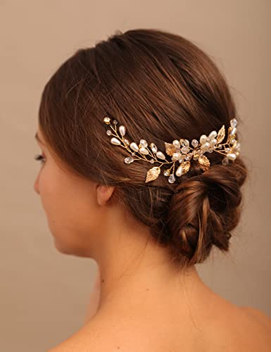 Teyglen Crystal Leaf Bride Hair pente pente dourado folhas folhas de pérolas de pérolas peças de cabelos para cabeceira de cabelos