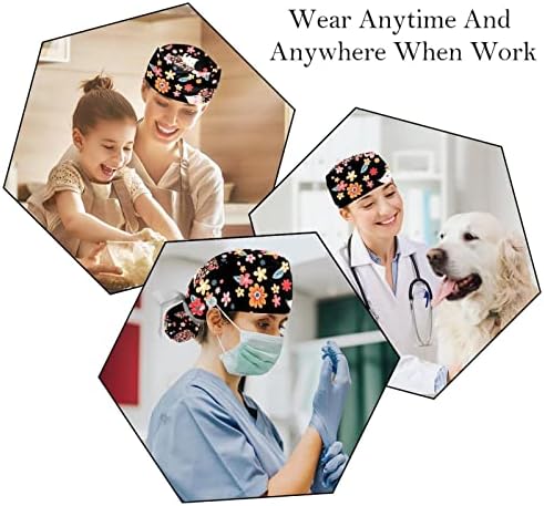 2 PCS Nurse Scrub Caps Cabelo de cabelo comprido, Padrão de onda de pata de cachorro Capinho de trabalho ajustável com