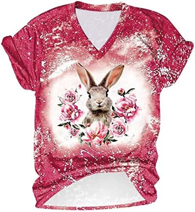 Camisas de Páscoa para mulheres, coelhinho de Páscoa Tops de verão adultos para mulheres impressas de pescoço O Tops de