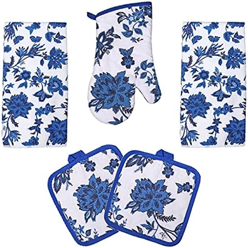 5 peças azuis floral floral decorativo decoração de decoração inclui 2 toalhas, 2 buracos e 1 luva de forno