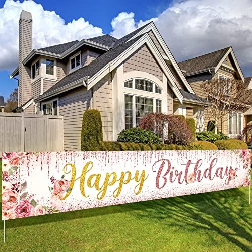 Decorações de faixas de feliz aniversário de ouro rosa grande para mulheres, meninas, happy birthday quintal Banner Sign