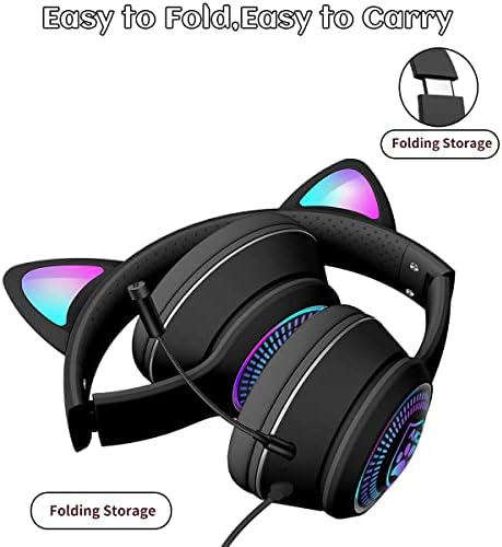 Fones de ouvido dos jogos de ouvido de gato de gato com fio Aux 3,5 mm LUZ LED, fones de ouvido cancelamento de ruído