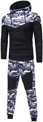 Autumn e inverno masculino Terno de duas peças Moda Camuflagem costura com capuz Sweater Trousser Suit Top Pant Set Suit 3