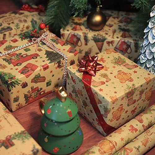 Papel de embrulho de Natal no topo, 6 lençóis papel de embrulho Kraft+6 tags de presente+1 corda para embrulho de presente, papel