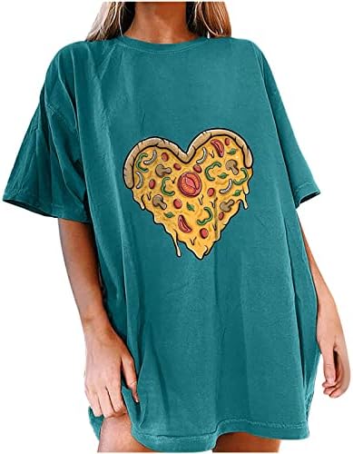 Pizza feminina coração impresso Drop ombro de camiseta de gola de manga curta Casaul Tee Tops de camiseta