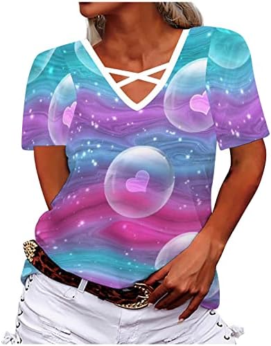 Camisetas gráficas de verão feminino Criss V pescoço de manga curta tampa de amarração de tinta impressão camisetas casuais camisas