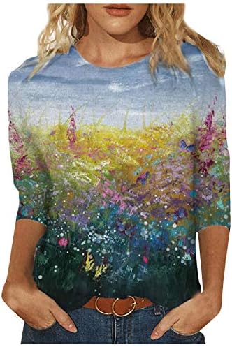 Camiseta feminina pintando camisetas gráficas camisetas de tripulação 3/4 mangas tops 2023 blusas da primavera no verão