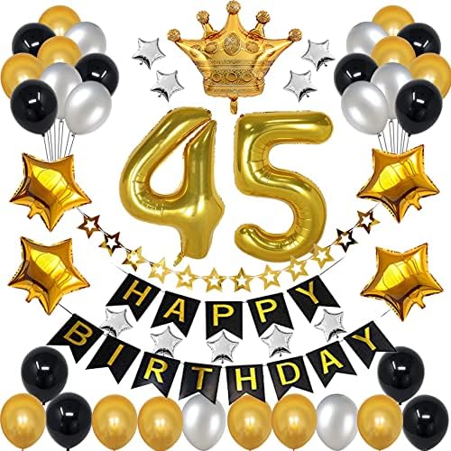 Rbyoo 45º aniversário Decorações para homens Mulheres, Balões pretos e dourados 45 Balões de aniversário Supplies com 45 Balão