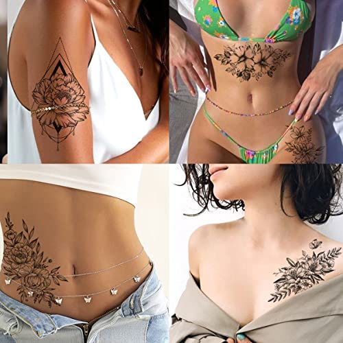 Tazimi 12 folhas 3D Black Flower Tattoos temporários para mulheres Rose PEONY FLOR SKETCH TATTOOS STATERS PARA MULHER