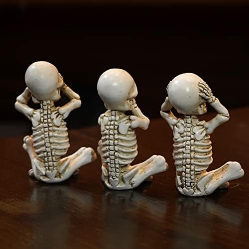 Owmell Conjunto de 3 esqueletos sábios estátua, nenhuma estatueta de crânio maligna, ouça, veja falar, não está estátua