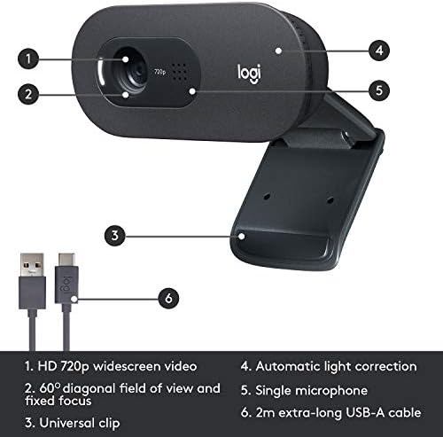 Logitech C505 Webcam - Câmera USB externa de 720p HD para desktop ou laptop com microfone de longo alcance, compatível com PC ou