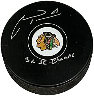 Marian Hossa assinou o Chicago Blackhawks Puck - Inscrição 3x SC Champs - Pucks NHL autografados