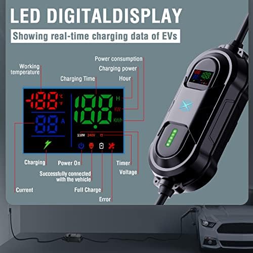 Jump Booster EV Charger Nível 2, 240V 32A EV Estação de carregamento, tela colorida NEMA de 25 pés 14-50 LED, 8 proteções de segurança,