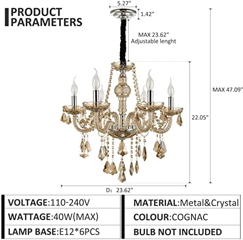 Zaqtan luxuoso 6 luzes lustre de cristal com moldura de metal 6 braços velas vintage luminária pendurada luminária de teto de