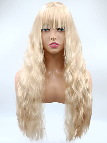 Port & Lotus Blonde Wig para mulheres brancas longas perucas onduladas para mulheres perucas sintéticas de ondulação natural resistente