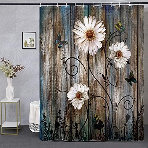 Miffrank Curta do chuveiro rústico Conjunto de tecido floral cinza Cortina de banho 12 ganchos Daisy Butterfly American Country