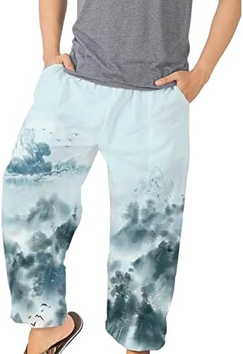 Calça de perna larga de 4zhuzi masculina calça longa casual - calças de bloomer de praia de amarração leve solta com cintura