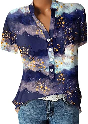 Wonnchyei feminina American Flag Shirt Summer Casual Button Down Short Sleeve Camisa Independence Day Print Top com bolsos