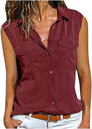 Lcepcy sem mangas de botão camisetas para mulheres trabalhos casuais blusas sólidas soltas vos de pescoço com bolsos