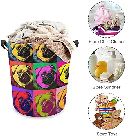 Pug Pop Art Art Repetiting Squares Laundry Saco com alças redondo cesto à prova d'água cesta de armazenamento dobrável 16,5 x